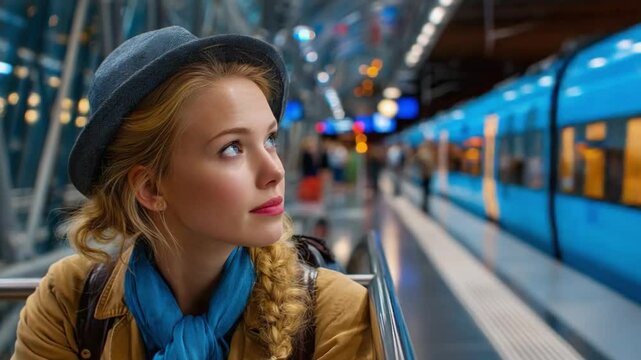 Girl Waiting Train Station: A young woman with a hat awaits a train in a modern station. Captured with a photorealistic aesthetic, the image speaks of anticipation and urban travel. 