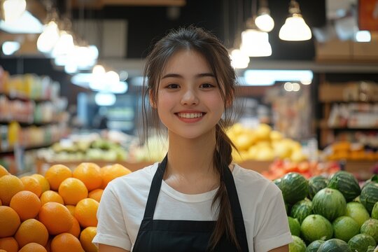 Smiling young woman in a grocery store