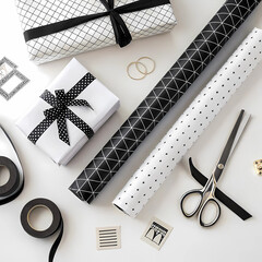 Black and white gift wrapping ideas diy present wrapping paper rolls scissors tape and ribbon for gifts