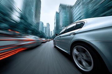 Fototapeta premium Modern luxury silver sedan car speeding through city street with tall skyscrapers and motion blur in urban environment du daytime