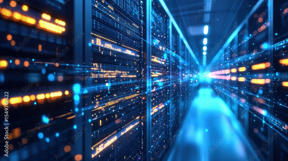 Aufkleber Digital server corridor with glowing data streams and high speed connectivity, perfect for cloud computing, network technology, cybersecurity, and IT infrastructure visuals