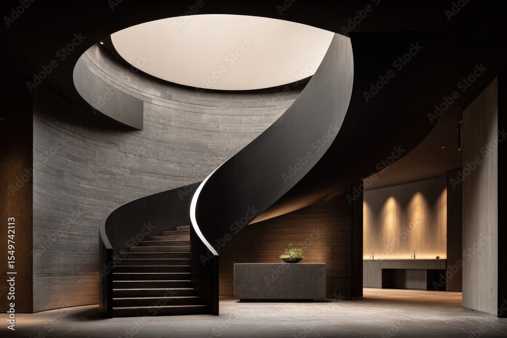 Poster modern minimalist interior with curved staircase leading to an open circular skylight in a sleek con