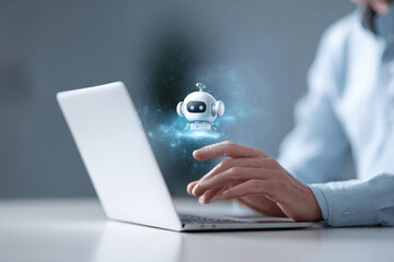 Human interacting with an AI chatbot. Concept for digital assistance, automation, machine learning and future tech. Great for tech, business, innovation.