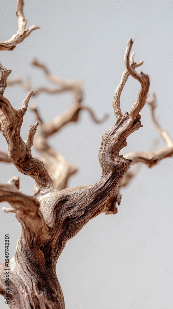 Poster Close-up of a twisted, gnarled, dry tree branch with intricate bark texture and curling twigs isolated against a plain background