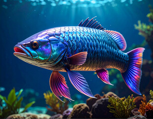 Arwana fish with magical colors in aquarium