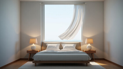 Modern minimalist bedroom with ocean view and sheer curtains