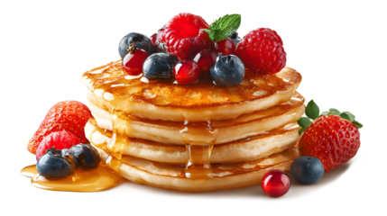 Pancakes stacked with different berries and honey isolated on a white background