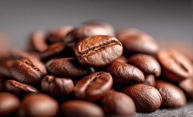 Naklejka premium Close-up of roasted coffee beans scattered on surface with detailed texture and rich brown color, ideal for coffee lovers and cafe themes