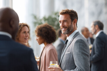 Professional networking event. A smiling, confident businessman mingling with colleagues at a corporate reception, holding a drink. Success, communication, and opportunities.