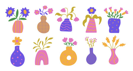 Set of abstract flower bouquet in vase. Trendy paper cut bright floral graphic. Flat botanical elements.
