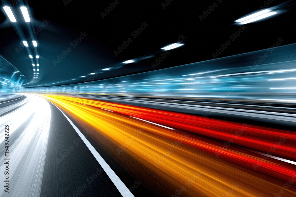 Poster dynamic long-exposure photograph of colorful car light trails on a tunnel highway at night creating 