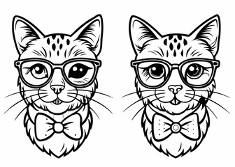 Cute cat dressed hat tie and glasses hand drawn tshirt design, Portrait of cat, wearing glasses, like a scholar, cool style line art vector illustration