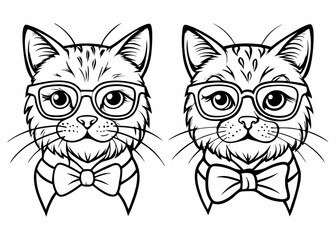 Cute cat dressed hat tie and glasses hand drawn tshirt design, Portrait of cat, wearing glasses, like a scholar, cool style line art vector illustration