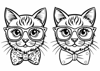 Cute cat dressed hat tie and glasses hand drawn tshirt design, Portrait of cat, wearing glasses, like a scholar, cool style line art vector illustration