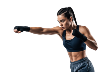 Strong athletic woman in boxing pose with wrapped fists, training in sportswear