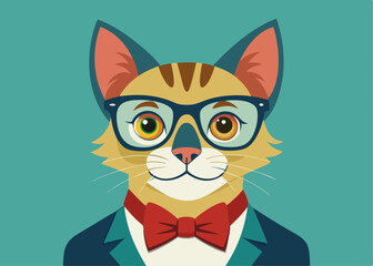 Hand drawn cat portrait. Portrait of a cat with bow tie and glasses hipster Watercolor vector illustration