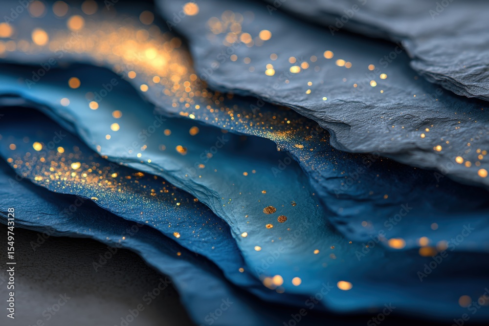 Poster abstract close up of layered textured paper with dark blue gray shades and golden glitter particles 