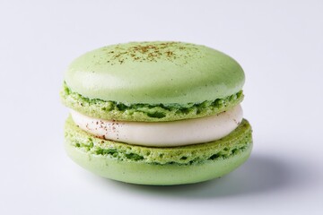Fresh Green Macaron with Cream Filling and Slight Cocoa Powder Dusting on White Background for Dessert or Snack Presentation