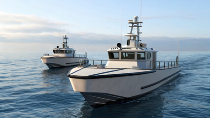 Naklejka premium Two modern patrol boats navigate calm ocean waters under clear sky, showcasing sleek designs and advanced technology