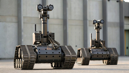 Two military robots with tracked wheels and mounted cameras are positioned outdoors near concrete wall, showcasing advanced technology