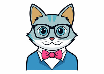 Cat Sphinx. Portrait of a green-eyed Sphinx Cat hipster in the monocle with gold rim and chain, and black bowtie vector cartoon illustration