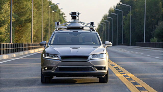 Silver autonomous car equipped with advanced sensors and cameras drives on empty road surrounded by trees, showcasing futuristic technology