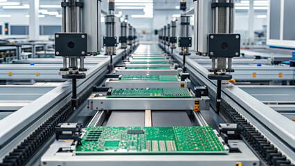 Modern electronics manufacturing facility with automated assembly lines producing printed circuit boards PCBs efficiently