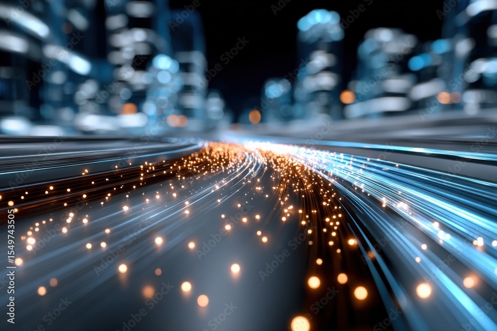 Poster high-speed data transmission network concept with light trails and digital cityscape at night for mo
