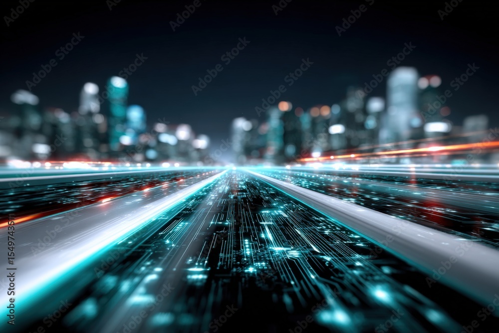 Poster futuristic digital cityscape at night with bright glowing light trails and illuminated skyscrapers c