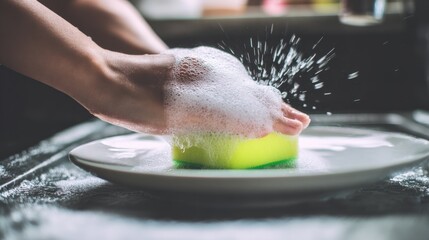 Hand Washing Dishes with Soap and Sponge Cleaning a Plate Scrubbing Washing Kitchen Sink Hygiene Concept