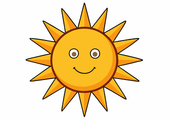 Happy smiling sun, funny sticker, summer symbol, weather sign, logo design, childish clip art element. Hand drawn vector illustration