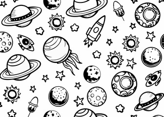 Space doodle kids seamless pattern ,Spaceships seamless repeat pattern design vintage style Minimalist concept vector illustration