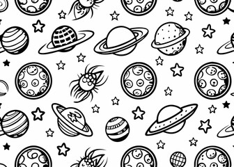 Space doodle kids seamless pattern ,Spaceships seamless repeat pattern design vintage style Minimalist concept vector illustration