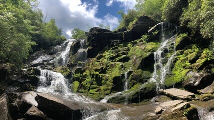 Moss-covered waterfall cascading over rocky ledges in forest