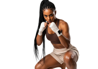Strong female boxer in crouching stance with fists raised, ready for combat