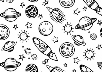 Space seamless pattern. Black and white, Astronaut coloring book illustration