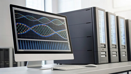 Computer monitor displaying DNA sequencing data in laboratory setting, with servers in background, showcasing advanced bioinformatics technology