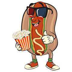 cute hot dog mascot cartoon vector illustration with a bucket of popcorn with wearing 3d glasses, funny fast food character isolated on transparent background, work of hand drawn