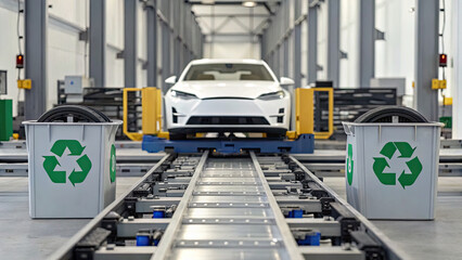 Fototapeta premium Electric car in modern recycling facility, with recycling bins in foreground, symbolizes sustainability and eco friendly practices