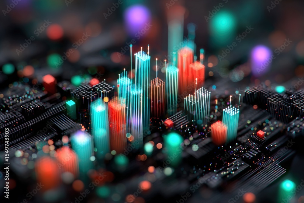 Poster Highly Detailed Colorful Digital Data Visualization of City Skyline Skyline with Lights and Technology Analytic Graphs and Abstract Background