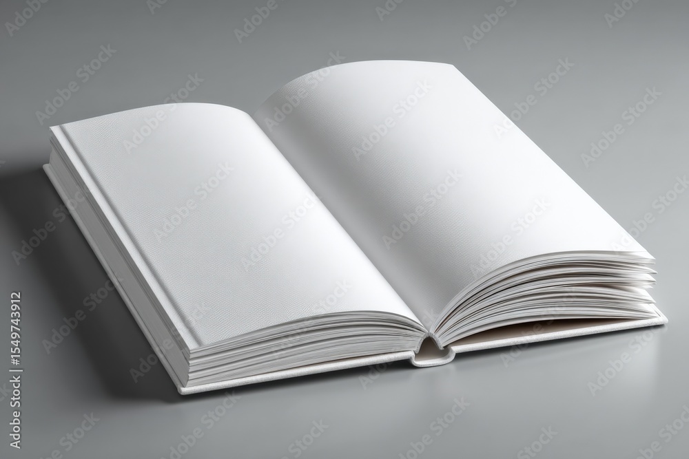 Poster Open blank notebook with white pages on gray background for writing journaling or note taking, flat lay composition