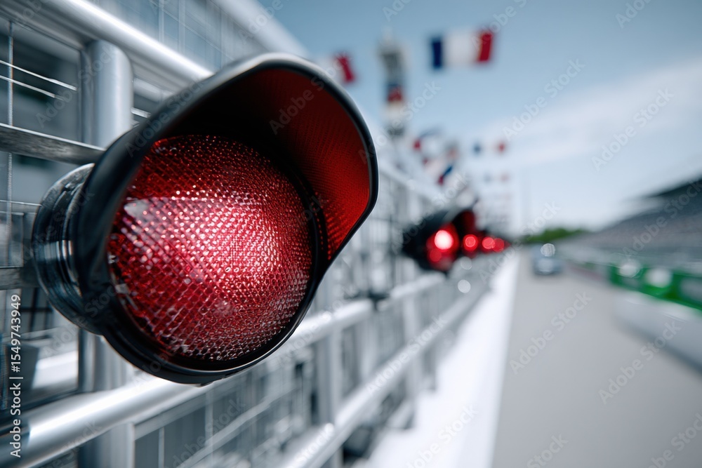 Poster Close-up of red traffic light signaling stop at a modern race track with empty grandstand and blurred background for security and transportation safety