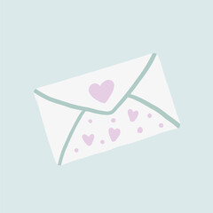 Hand-drawn romantic love letter with hearts in white pink green colors, an icon for a message, mail, or sticker in soft pastel colors. Design element in vector.
