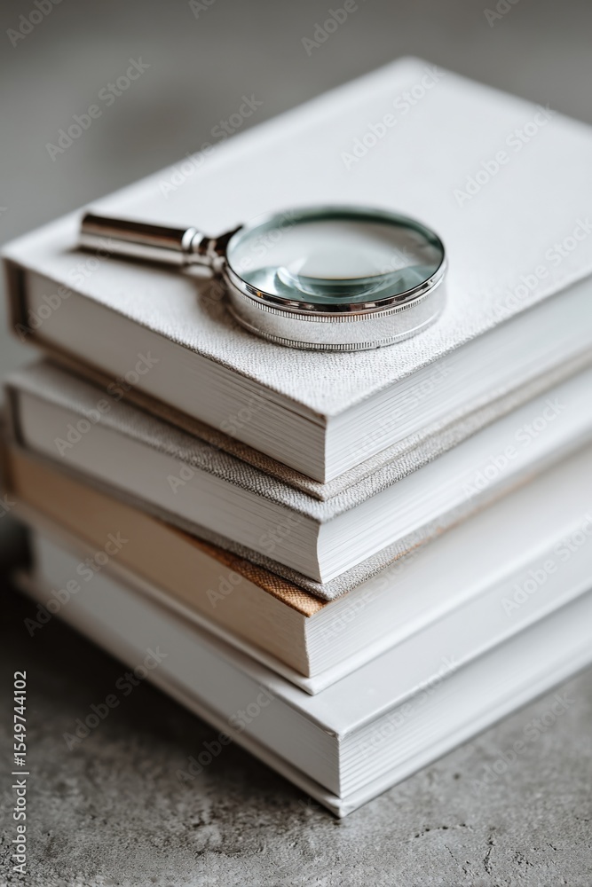 Poster close-up of a silver magnifying glass resting on stacked white hardcover books with blank pages on a