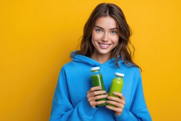 portrait of woman holding bottles with green juice and donut, solid color background, wearing blue sweater