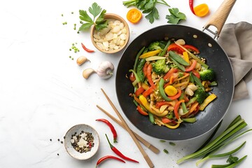 Black wok with vegetables and peppers in it