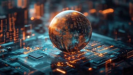 Earth nestled on a futuristic circuit board, glowing with digital energy