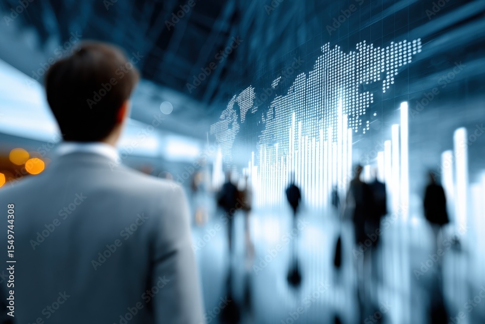 Poster businessman analyzing global market data and trends on digital graphs and charts in modern financial