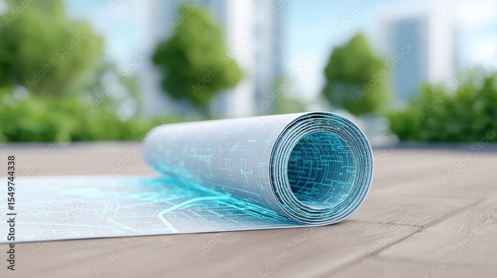 Poster scrolling blue architectural blueprint or technical drawing rolled up on a wooden surface outdoors w