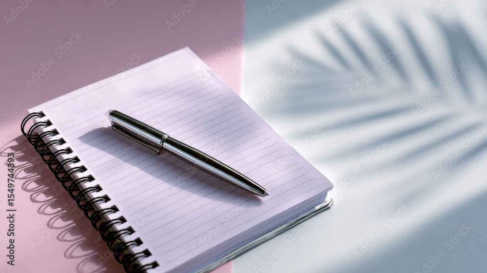 Poster Open spiral notebook with lined pages and silver pen on pink background with cast shadow of tropical palm leaf for writing planning and note taking